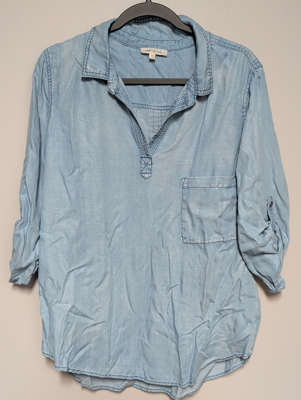 Skies Are Blue Light Chambray Pullover Blouse